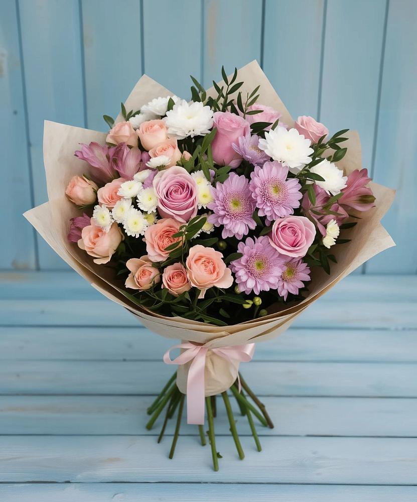 Букет цветов из: Хризантемы, Розы и Альстромерии в Черноголовке