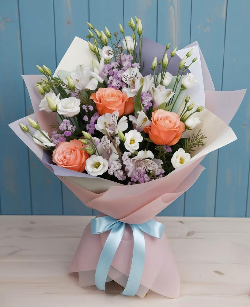 Букет цветов из: Лизиантусы, Розы, Альстромерии и Гипсофила в Черноголовке