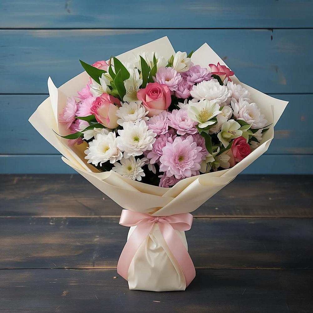 Букет цветов из: Хризантемы, Альстромерии и Розы в Черноголовке